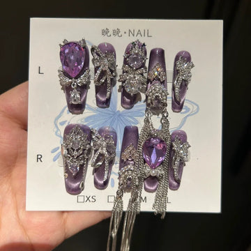 Qfdian 10Pcs High Quality Handmade Press on Nails Three-Dimensional Metal Decoration Cat's Eye Stick-on Nail Art Gorgeous Banquet